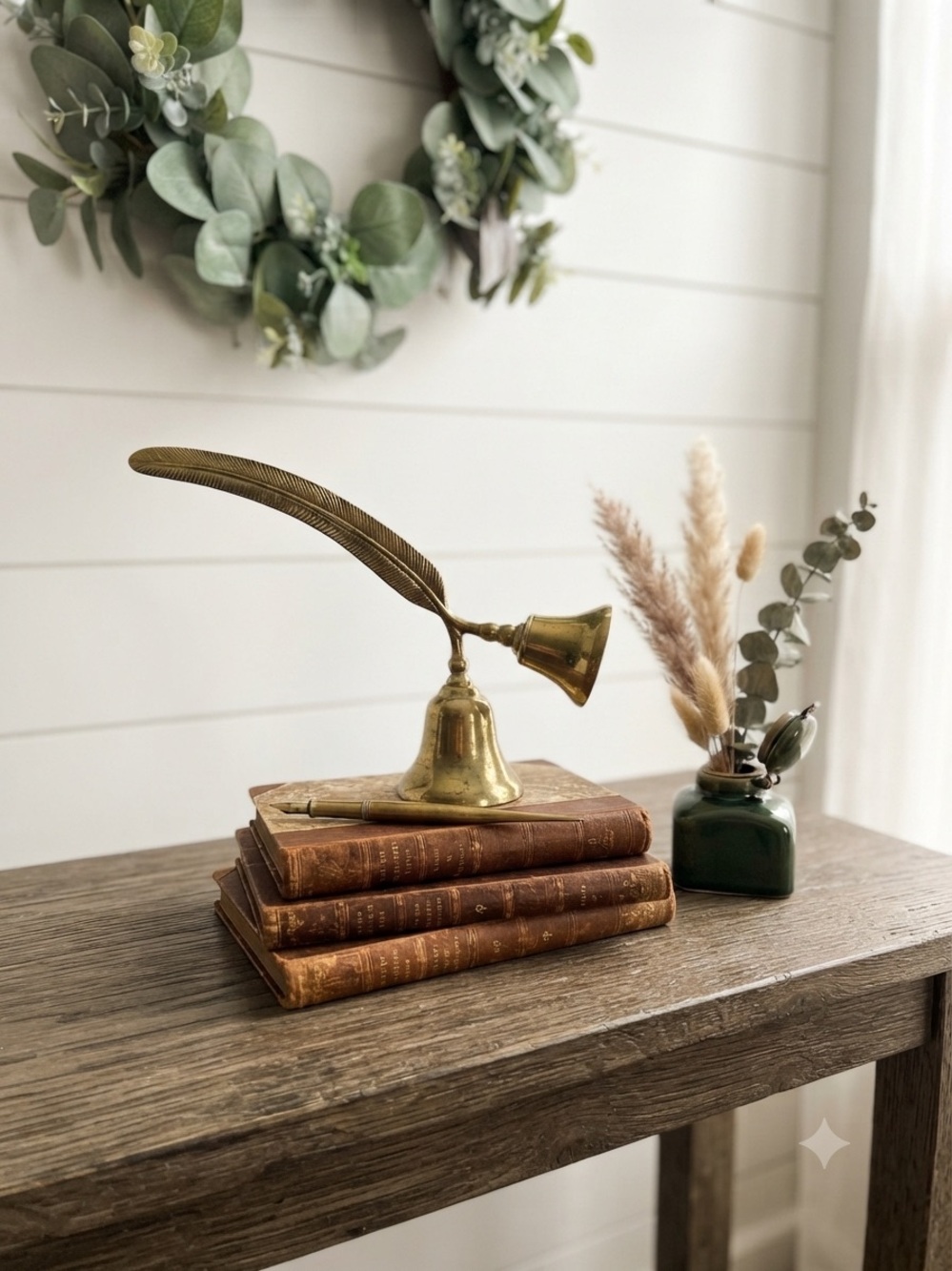 Antique-Style Brass Feather Quill Desk Bell - Decorative Home Accent